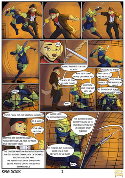 5_fingers anthro black_nose breasts clothed clothed_anthro clothed_female clothed_male clothing dialogue duo female fight fingers fur green_body green_scales humanoid_hands male melee_weapon net ninja page_number pirate rapier sai_(weapon) scales scarf speech_bubble sword tan_body tan_fur text trapped warrior weapon kingdorkster caine_darby kohaku_momoichi bird_dog canid canine canis chameleon domestic_dog golden_retriever hunting_dog lizard mammal reptile retriever scalie 2026 absurd_res comic english_text hi_res