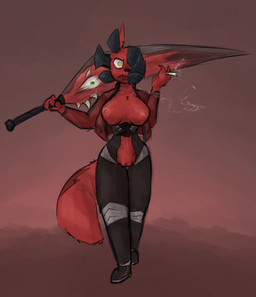 angry anthro bodysuit breasts cigarette cleavage clothed clothing cutout female genitals looking_at_viewer mask melee melee_weapon nipples open_mouth red_body simple_background skinsuit smoke solo sword tail the_strongest tight_clothing vulva weapon alexleviafan lobotomy_corporation project_moon rain_world videocult artificer_(rain_world) gebura_(project_moon) kali_(project_moon) felid mammal slugcat digital_media_(artwork)
