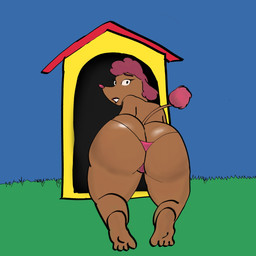 anthro big_butt bikini blue_sky brown_body butt butt_focus clothed clothing doghouse female fluffy fluffy_tail fur hair micro_bikini micro_panties panties panties_only pink_body pink_fur pink_hair sky solo swimwear tail topless two-piece_swimsuit underwear underwear_only capivara_furra snoop_dogg canid canine canis domestic_dog mammal poodle 1:1 hi_res