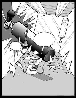 anthro black_border border bottomless bottomless_female clothed clothing duo empty_speech_bubble female fire_extinguisher hug male male/female scut_tail shadow shattered_glass short_tail sitting speech_bubble sweater tail topwear touching_face turtleneck chris_fischer chip_'n_dale_rescue_rangers disney chip_(disney) gadget_hackwrench chipmunk ground_squirrel mammal mouse murid murine rodent sciurid hi_res monochrome