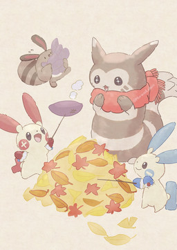 ambiguous_gender anthro autumn autumn_leaves bodily_fluids brown_body food fur group holding_food holding_object leaf markings open_mouth paws plant scarf simple_background stick striped_body stripes sweat sweatdrop sweet_potato tail tan_body tan_fur tongue vegetable whisker_markings muraselelait nintendo pokemon furret generation_2_pokemon generation_3_pokemon minun plusle pokemon_(species) sentret 2024 absurd_res hi_res signature