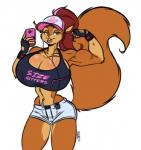 anthro backless_gloves baseball_cap biceps big_breasts big_tail black_bra black_clothing black_gloves black_handwear black_topwear black_underwear bottomwear bra breast_implants breasts brown_body brown_fur brown_tail cellphone cleavage clothed clothing countershade_torso countershading ear_piercing earbuds electronics eyelashes female fingerless_gloves flexing front_view fur gloves hair half-closed_eyes handwear hat headgear headphones headwear holding_object holding_phone huge_breasts lips long_hair long_tail looking_at_viewer multicolored_body multicolored_fur multicolored_hair muscular muscular_anthro muscular_female narrowed_eyes phone piercing pink_lips portable_music_player red_hair round_breasts shorts simple_background solo spherical_breasts sports_bra standing tail tan_body tan_countershading tan_fur text thick_bottom_lip top_heavy topwear two_tone_body two_tone_fur two_tone_hair underwear white_background white_bottomwear white_clothing white_shorts teer marika_(teer) mammal rodent sciurid tree_squirrel 2017 digital_media_(artwork) english_text portrait signature three-quarter_portrait