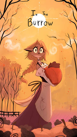 anthro clothed clothing cloud female food fruit garden hair long_hair outside plant pumpkin pumpkin_patch solo sun tail siliciaart in_the_burrow allison_mccanidae canid canine canis coyote mammal 2024 9:16 cover cover_art cover_page hi_res