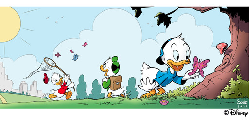 anthro backpack day detailed_background flower grass group holding_net leaf male outside plant road running smile sun tail tree white_body young young_anthro jonas_sonne disney donald_duck_(comics) dewey_duck huey_duck louie_duck anatid anseriform arthropod avian bird butterfly duck insect lepidopteran 2015 absurd_res digital_media_(artwork) hi_res official_art brother_(lore) brothers_(lore) sibling_(lore) triplets_(lore)