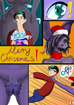 anthro bodily_fluids clothing duo effects female genital_fluids genitals green_eyes holidays lips male male/female tall text vaginal_fluids vulva yellow_eyes agron_u christmas human humanoid lagomorph leporid mammal rabbit absurd_res comic cover cover_art cover_page english_text hi_res