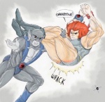 bdsm bondage bound butt butt_slap dialogue dominant dominant_male duo male male/male reddened_butt slap spanking submissive submissive_male tailless text fruitdrop thundercats thundercats_1985 lion-o panthro english_text