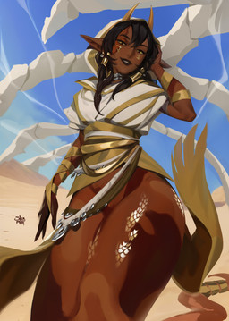 apode black_hair blue_sky brown_body brown_skin clothed clothing day desert ear_piercing ear_ring eyelashes female female_humanoid front_view hair horn humanoid_pointy_ears legless looking_at_viewer markings narrowed_eyes outside piercing pointy_ears ring_piercing serpentine sky smile solo split_form yellow_eyes yellow_horn yellow_markings shermugi draconcopode humanoid lamia reptile scalie snake absurd_res hi_res signature