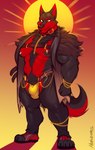 anthro black_body black_fur bulge chain chaps clothing collar footwear fur male muscular muscular_anthro muscular_male nipples pecs pubes red_body red_fur shoes solo standing toeless_footwear toeless_shoes marlon.cores canid canine canis mammal wolf absurd_res hi_res