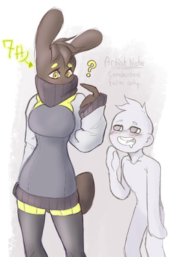 antennae_(anatomy) anthro aroused_male arthropod_abdomen biped blush bodily_fluids breasts clothing drooling duo exoskeleton eyelashes female gesture green_eyes hand_gesture head_tuft larger_anthro larger_female legwear male non-mammal_breasts oversized_clothing oversized_sweater oversized_topwear pointing pointing_at_self question_mark saliva size_difference small_eyebrows smaller_human smaller_male sweater thigh_highs topwear tuft turtleneck waving_hand proxicute arachnid arthropod harvestman human mammal hi_res