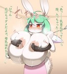 ahoge anthro apron apron_only between_breasts big_breasts blush bodily_fluids breast_expansion breast_grab breasts clothing deep_skin dot_nose duo ears_up expansion female fingering fur glistening glistening_body grabbing_from_behind green_hair hair hair_between_eyes hand_on_breast holding_ladle huge_breasts inside kitchen_utensils lactating ladle long_hair milk motion_lines nipple_fetish nipple_fingering nipple_penetration nipple_play nipples orange_eyes penetration pink_apron pink_clothing scut_tail short_tail standing surprised_expression sweat tail text tools wet white_body white_fur obikuragetyan lagomorph leporid mammal rabbit hi_res japanese_text translation_request