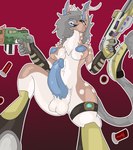 armor balls breasts clothing genitals gloves gun gynomorph hair handwear horn humanoid_genitalia humanoid_penis intersex low-angle_view penis ranged_weapon solo tail teeth weapon shizameakanzatsu bovid caprine deer mammal absurd_res hi_res