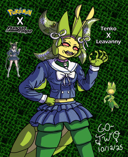 antennae_(anatomy) blue_clothing bottomwear bow_ribbon clothing collar female head_bow leaf leaf_arms miniskirt multicolored_body red_eyes school_uniform skirt solo uniform go-two danganronpa danganronpa_v3 nintendo pokemon spike_chunsoft tenko_chabashira animal_humanoid arthropod arthropod_humanoid generation_5_pokemon human humanoid insect insect_humanoid leavanny mammal pokemon_(species) absurd_res hi_res reference_image