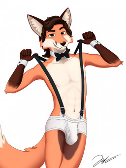 anthro black_bow_tie black_suspenders black_text bow_tie briefs briefs_pull brown_body brown_fur brown_hair bulge clothing clothing_pull confident cuff_links eyebrows fur hair long_hair male monotone_briefs monotone_clothing monotone_underwear navel open_mouth orange_body orange_fur pantsless_male sharp_teeth simple_background smile solo suspenders tan_body tan_fur teeth teeth_showing text thick_eyebrows tighty_whities underwear underwear_pull waistband_pull white_background white_briefs white_clothing white_underwear james_foster calvin_klein canid canine fox mammal 2024 hi_res signature