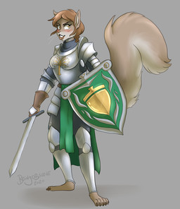 anthro armor barefoot brown_body brown_fur feet female fur grey_background hair looking_aside melee_weapon shield simple_background smile solo standing sword weapon whiskers beingobscene the_exile_of_aphrodisia mammal rodent sciurid 2020 hi_res