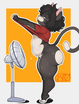 anthro barefoot big_butt biped black_body black_fur bottomless bottomless_anthro bottomless_male butt chastity_cage chastity_device clothed clothed_anthro clothed_male clothing clothing_lift clothing_pull electric_fan eyebrows eyelashes eyewear feet femboy fingerless_(marking) flat_chastity_cage freckled_legs freckled_thighs freckles fur genitals huge_butt male male_anthro markings mostly_nude mostly_nude_anthro mostly_nude_male penis pink_nose shirt shirt_lift shirt_pull slightly_chubby slightly_chubby_anthro slightly_chubby_male small_nose solo t-shirt tail tail_markings tan_body tan_fur thick_thighs tiptoes toes topwear topwear_pull wide_hipped_anthro wide_hipped_male wide_hips gat0bodegero domestic_cat felid feline felis mammal absurd_res hi_res