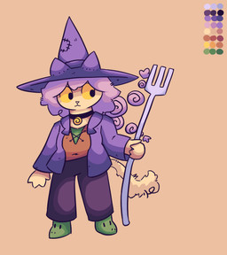 anthro clothed clothing collar cutlery female fork hair kitchen_utensils magic_user simple_background solo tail tools witch yellow_eyes thegunkster domestic_cat felid feline felis mammal digital_media_(artwork) hi_res