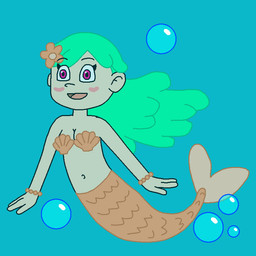accessory bubble clothing female flower flower_in_hair fuchsia_eyes green_hair hair hair_accessory heart_(marking) heart_blush markings navel not_furry orange_tail plant solo split_form tail underwear supermariofann1 mermay mermay_2025 unnamed_character aquatic humanoid merfolk 2025 tagme