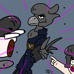 clothing feral group male rock skin_idea standing trio catroad_ice_meow brawl_stars supercell_(company) bibi_(brawl_stars) bull_(brawl_stars) crow_(brawl_stars) avian bird corvid corvus_(genus) crow oscine passerine 1:1 hi_res