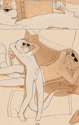 balls beach bodily_fluids bottomwear clothing cum cumshot ejaculation erection eyes_closed genital_fluids genitals glans handjob male male/male navel nipples nude orgasm parasol penile penis sex shorts sunning tail conditional_dnp funkybun finn_(funkybun) nick_(funkybun) absurd_res comic hi_res