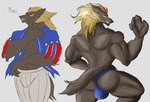 abs anthro black_sclera blonde_hair brown_body brown_fur bulge butt clothing french fur hair long_hair looking_at_viewer male muscular muscular_male solo speedo swimwear yellow_eyes daikuhiroshiama atlus megami_tensei mythology sega shin_megami_tensei_v loup-garou_(megami_tensei) canid canine canis mammal mythological_canine mythological_creature werecanid werecanine werecreature werewolf wolf hi_res