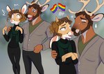 anthro antlers beard blazer blurred_background bodily_fluids bottomwear brown_body brown_fur brown_hair clothing denim denim_bottomwear denim_clothing duo ears_down eyes_closed facial_hair fangs flag fur grey_body grey_fur hair half-closed_eyes horn jeans lgbt_pride long_sleeve_shirt male narrowed_eyes open_mouth open_smile pants pivoted_ears pride_color_flag pride_colors rainbow_flag rainbow_pride_colors rainbow_symbol scarf simple_background six-stripe_rainbow_pride_colors smile sweat sweatdrop teeth wide_eyed heresvix deer mammal new_world_deer white-tailed_deer