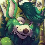 anthro blue_body blue_fur brown_nose fur green_arm green_body green_fur green_hair hair looking_at_another male smile solo yellow_body yellow_fur tazara canid canine canis hybrid mammal wolf 1:1 bust_portrait hi_res icon portrait