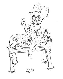 ahegao anthro bite_mark blush bodily_fluids breasts cum cum_in_goo cum_in_vagina cum_inside female genital_fluids genitals gesture hand_gesture looking_pleasured nipples sitting_on_desk small_breasts solo spread_legs spreading v_sign vulva miamihotlines slime_(miamihotlines) goo_creature hybrid lagomorph leporid mammal rabbit hi_res monochrome