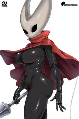 anthro big_breasts black_body black_eyes breasts cloak clothing female glistening glistening_body glistening_breasts horn red_cloak red_clothing solo weapon kyoffie hollow_knight_(franchise) team_cherry hornet_(hollow_knight) arthropod insect 2025 absurd_res hi_res