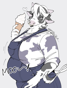 anthro belly big_belly big_breasts black_body black_fur black_hair breasts clothed clothing facial_piercing female food fur hair heart_symbol holding_food holding_ice_cream_cone holding_object horn huge_breasts ice_cream_cone kemono looking_at_viewer markings multicolored_hair nose_piercing nose_ring overalls overweight overweight_anthro overweight_female piercing ring_piercing simple_background slightly_chubby slightly_chubby_anthro slightly_chubby_female smile solo spots spotted_body spotted_fur tail text white_body white_fur white_hair mochimochiland bovid bovine cattle mammal hi_res signature