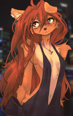 anthro arm_tuft biped breasts clothed clothed_anthro clothed_female clothing countershade_torso countershading dress eyelashes facial_tuft female freckled_arms freckled_ears freckled_face freckled_shoulders freckles front_view fur hair jewelry long_eyelashes navel necklace piercing shoulder_tuft smile solo speckle_freckles standing tattoo tuft tinygaypirate apogee_(tinygaypirate) canid canine canis domestic_dog mammal 2026 absurd_res digital_drawing_(artwork) digital_media_(artwork) hi_res