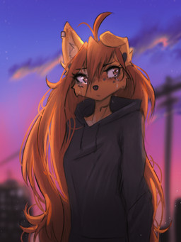 anthro biped blurred_background bodily_fluids brown_eyes brown_hair city clothed clothed_anthro clothed_female clothing cloud crying detailed_background ear_piercing female front_view fur gauged_ear hair hoodie inner_ear_fluff long_hair looking_aside neck_tattoo outside piercing sky solo sunset tan_body tan_fur tattoo tears topwear tuft tinygaypirate apogee_(tinygaypirate) canid canine canis domestic_dog mammal 2025 digital_drawing_(artwork) digital_media_(artwork) hi_res