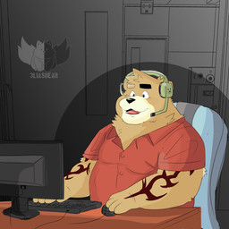 anthro belly big_belly black_nose brown_body clothing computer electronics headphones humanoid_hands inside male overweight overweight_male shirt sitting solo topwear 3liasbear bear mammal 1:1 2022 hi_res