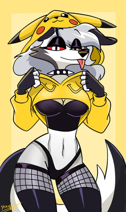 anthro bedroom_eyes black_clothing black_eyelids black_underwear breasts camisole cleavage clothed clothed_anthro clothed_female clothing clothing_lift collar female fishnet_stockings fur grey_hair hair legwear long_hair midriff narrowed_eyes navel pantsless pantsless_anthro pantsless_female pikachu_costume pikachu_hoodie pupils red_sclera seductive shirt shirt_lift simple_background slit_pupils solo spiked_collar spikes tail text thigh_highs thong tongue tongue_out topwear underwear white_body white_eyes white_fur yellow_background yellow_clothing starpaintart hellaverse helluva_boss mythology nintendo pokemon loona_(helluva_boss) canid canid_demon canine demon generation_1_pokemon hellhound mammal mythological_canine mythological_creature pikachu pokemon_(species) 2025 absurd_res artist_name hi_res portrait three-quarter_portrait
