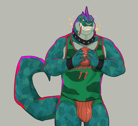 anthro ball basketball_(ball) basketball_uniform bulge clothed clothing collar detailed_bulge facial_piercing green_body green_clothing green_scales green_shirt green_topwear head_spikes male mouth_piercing multicolored_claws muscular muscular_anthro muscular_male neck_piercing nose_piercing piercing purple_spikes scales shirt solo spikes spikes_(anatomy) sportswear studded_collar studs tail tongue tongue_out tongue_piercing topwear underwear uniform yellow_sclera andeandog goat_(movie) sony_corporation sony_pictures modo_olachenko komodo_dragon lizard monitor_lizard reptile scalie 2026 absurd_res digital_media_(artwork) hi_res