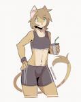 5_fingers ambiguous_gender anthro athletic athletic_ambiguous athletic_anthro beverage bottomwear brown_body brown_fur brown_hair bulge clothing ear_piercing fingers front_view fur green_eyes hair hand_on_hip looking_down piercing shorts smile solo standing notglacier luihu_(socksthesneaky) felid lion mammal pantherine 2017 absurd_res hi_res male_(lore)