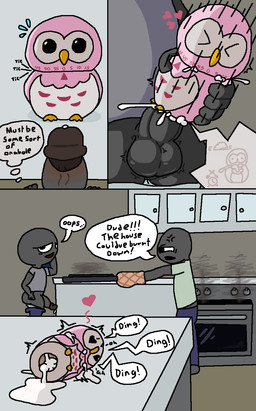ambiguous_gender ambiguous_penetrated appliance balls beak bodily_fluids burnt_food clothed clothing cum cum_inside dialogue furniture genital_fluids genitals grey_body group heart_eyes heart_symbol holding_object hole_(anatomy) improvised_sex_toy kitchen kitchen_appliance living_condom male male/ambiguous male_penetrating male_penetrating_ambiguous motion_lines onomatopoeia oven penetration penis pink_body sex smoke sound_effects speech_bubble sweat sweatdrop table text thought_bubble timer trio twitching yolka golandstar animate_inanimate avian bird human mammal owl 2026 comic english_text hi_res