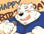 anthro black_nose blue_eyes blush clothing electronics humanoid_hands kemono male microphone one_eye_closed overweight overweight_male shirt solo text topwear white_body wink kumazawow utau shirane_kan bear mammal polar_bear ursine 2022