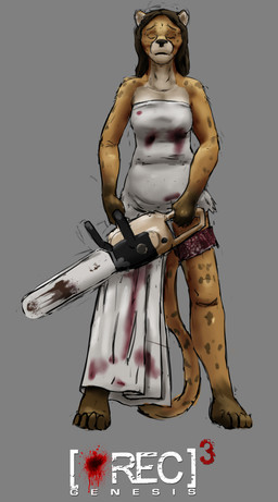 anthro black_hair blood blood_on_clothing blood_on_dress bodily_fluids bride chainsaw clothing dress eyes_closed feet female hair horror_(theme) markings movie_poster power_tool solo spots spotted_markings tail tools wedding_dress jeri_kleinlowe rec_(film) caoilfhionn cheetah felid feline mammal absurd_res hi_res