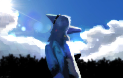 anthro biped bone_frill clothed clothed_anthro clothed_female clothing cloud collar day elbow_feathers female frill_(anatomy) grey_body grey_hair grey_scales hair lens_flare light light_beam long_hair looking_forward outside plant scales shadow side_view sky solo spiked_collar spikes sun sunlight text tree sharkidly goodbye_volcano_high ko_op_(game_developer) fang_(gvh) prehistoric_species pterosaur reptile scalie 2025 absurd_res artist_name colored digital_media_(artwork) hi_res shaded nonbinary_(lore)