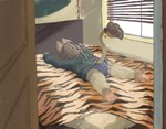 animal_print anthro bed bedroom bell bell_collar bottomless clothed clothing collar furniture hair hoodie hoodie_only led_light leg_wraps long_hair lying male on_front open_door panties pantsless pawpads raised_tail solo spread_legs spreading tail tail_tuft tiger_print topwear topwear_only tuft underwear wraps circa canid canine mammal absurd_res hi_res