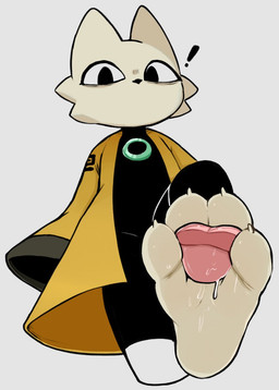 ambiguous_gender anthro barefoot black_clothing black_eyes bodily_fluids claws clothed clothing disembodied_tongue duo exclamation_point feet foot_fetish foot_focus foot_lick foot_play fur glistening glistening_feet licking looking_at_viewer low-angle_view male male/ambiguous mouthless pawpads paws plantigrade raised_leg robe saliva saliva_on_foot simple_background soles solo_focus toe_claws toes tongue tongue_between_toes topwear white_body white_fur yellow_clothing yellow_robe softhanten nine_sols red_candle_games yi_(nine_sols) felid feline mammal solarian 2026 portrait three-quarter_portrait