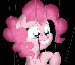 black_background blood blue_eyes bodily_fluids crying female feral fur hair long_hair open_mouth pink_body pink_fur pink_hair puppet simple_background smile solo string tears teeth applealba friendship_is_magic hasbro my_little_pony pinkie_pie_(mlp) earth_pony equid equine horse mammal pony