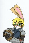 anthro armor blonde_hair blush clothed clothing crusader female fingers green_eyes hair headgear helmet holding_armor holding_headgear holding_helmet holding_object simple_background solo white_background pace-maker lily_(pace-maker) lagomorph leporid mammal rabbit 2024 digital_media_(artwork)