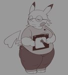 4_fingers album anthro belly bottomwear breasts cheek_spots clothing denim denim_bottomwear denim_clothing dipstick_ears ear_markings eyes_closed eyewear female fingers front_view glasses hair heart_tail holding_album holding_object jeans medium_breasts mouth_closed multicolored_ears overweight overweight_anthro overweight_female pants pokeball pokeball_symbol round_glasses shirt simple_background solo tail thick_thighs three-quarter_view topwear oofmasterxd nintendo pokemon generation_1_pokemon pikachu pokemon_(species) 2025 album_cover cover hi_res