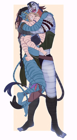 anthro arm_around_waist armband arms_around_another athletic athletic_humanoid athletic_male blue_body bodypaint bottomwear carrying_another carrying_child clothing dangling_legs daww eyebrows eyes_closed family fangs feather_accessory feet grey_body grin group group_hug hair hands_on_shoulders happy holding_another holding_child hug hugging_another larger_humanoid light_body light_skin loincloth long_hair loose_feather love male markings military_vest open_mouth open_smile pointy_ears simple_background size_difference smaller_human smile standing striped_body striped_markings stripes tail teeth toes topwear vest white_background divinemanicstate james_cameron's_avatar jake_sully miles_quaritch miles_spider_socorro alien alien_humanoid human humanoid mammal na'vi absurd_res hi_res father_(lore) father_and_child_(lore) father_and_son_(lore) parent_(lore) parent_and_child_(lore) parent_and_son_(lore) son_(lore)