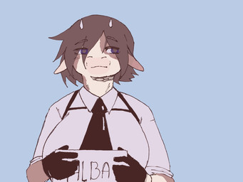 anthro big_breasts black_clothing black_gloves black_hair black_handwear blue_background breasts clothed clothing ears_down female gloves hair handwear holding_object holding_sign horn pivoted_ears shirt short_hair sign simple_background solo text topwear white_clothing white_shirt white_topwear darkus_art bovid bovine cattle mammal character_name