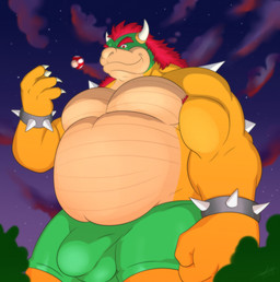 anthro armpit_hair body_hair bottomwear bulge clothing detailed_bulge fungus hair macro macro_male male musclegut muscular muscular_arms mushroom red_eyes red_hair shorts solo spikes super_mushroom yellow_body jabuhusky mario_bros nintendo bowser koopa reptile scalie turtle hi_res