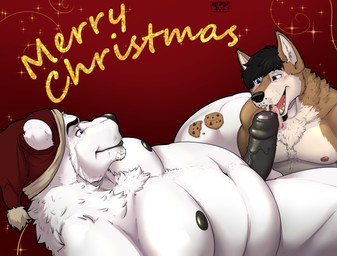 anthro belly black_nose black_penis blue_eyes blush bodily_fluids christmas_clothing christmas_headwear clothing cookie duo erection fellatio food fur genital_fluids genitals hair hat headgear headwear holidays humanoid_genitalia humanoid_penis male male/male nipples nude open_mouth oral overweight penile penis precum precum_on_face precum_on_tongue santa_hat sex slightly_chubby smile tongue tongue_out white_body white_fur kody_fryzma christmas gumek gumery rihad bear canid canine canis domestic_dog husky mammal nordic_sled_dog polar_bear spitz ursine absurd_res hi_res