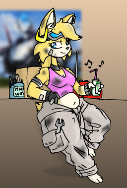 anthro bandage bandage_on_face biped black_clothing black_fingerless_gloves black_gloves black_handwear blonde_hair bottomwear breasts can cheek_tuft cleavage clothed clothing container ear_piercing ear_ring electronics eyewear eyewear_on_head facial_tuft female female_anthro fingerless_gloves fur fur_tuft gloves goggles goggles_on_head grey_bottomwear grey_clothing grey_pants hair handwear mechanic messy oil_stain pants piercing pink_clothing pink_shirt pink_tank_top pink_topwear pouch_(clothing) radio ring_piercing shirt slightly_chubby slightly_chubby_anthro slightly_chubby_female solo tank_top tin_can tools topwear tuft wrench yellow_body yellow_fur yellow_tuft blayaden sam_(blayaden) domestic_cat felid feline felis mammal 2023 hi_res