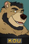 anthro beard black_body black_fur black_hair brown_body brown_fur facial_hair fur hair looking_at_viewer male neck_tuft short_hair smile solo tuft yellow_eyes conditional_dnp pawsta kou_kuma bear brown_bear grizzly_bear mammal ursine 2:3 absurd_res hi_res